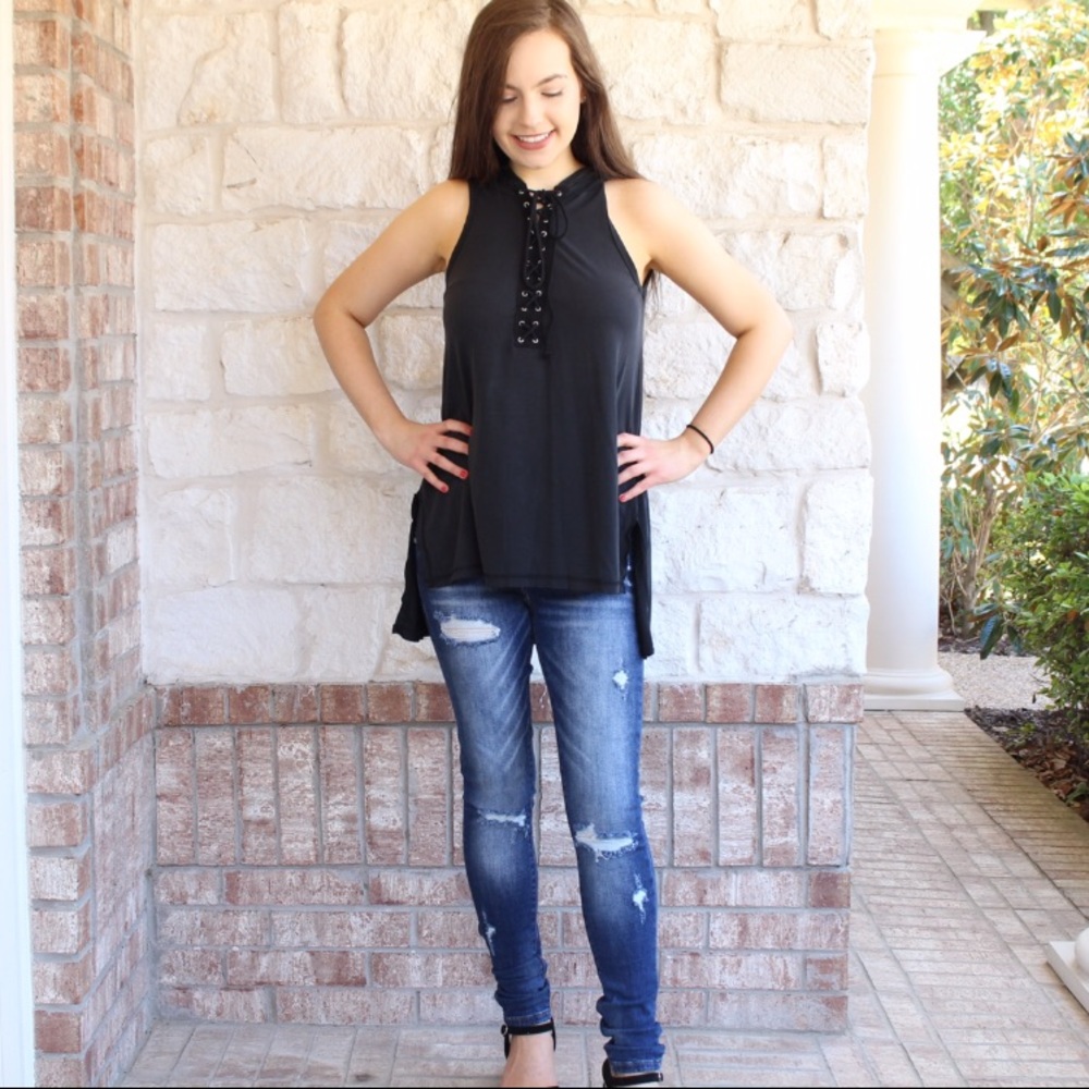 Ultra Soft Lace Up Tank- Black